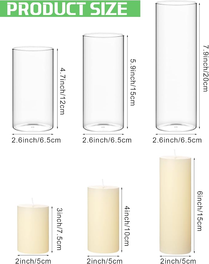 Shihanee Set of 6 Pillar Candles with Glass Cylinder Vases Clear Cylinder Hurricane Candleholders for Slim Tall Pillar Candles Wedding Table Centerpieces(2.6'' X 4.7'', 5.9'', 7.9'',Ivory)
