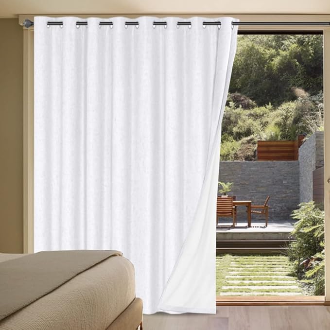H.VERSAILTEX Linen Blackout Curtains Durable Thick Textured Linen Look 100% Blackout Patio Door Curtain Anti Rust Grommet Extra Wide Sliding Door Curtain Panel, W100 x L108 inch - White