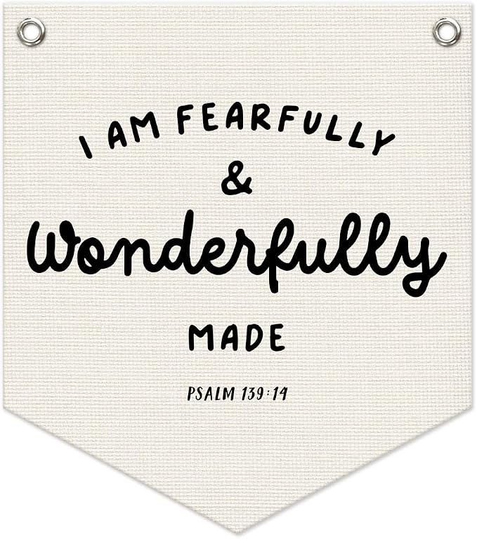 Bible Verse Banner – "I Am Fearfully and Wonderfully Made" Linen Wall Hanging, Religious Decor for Kids Room, Nursery, Classroom, 12.4x14 in