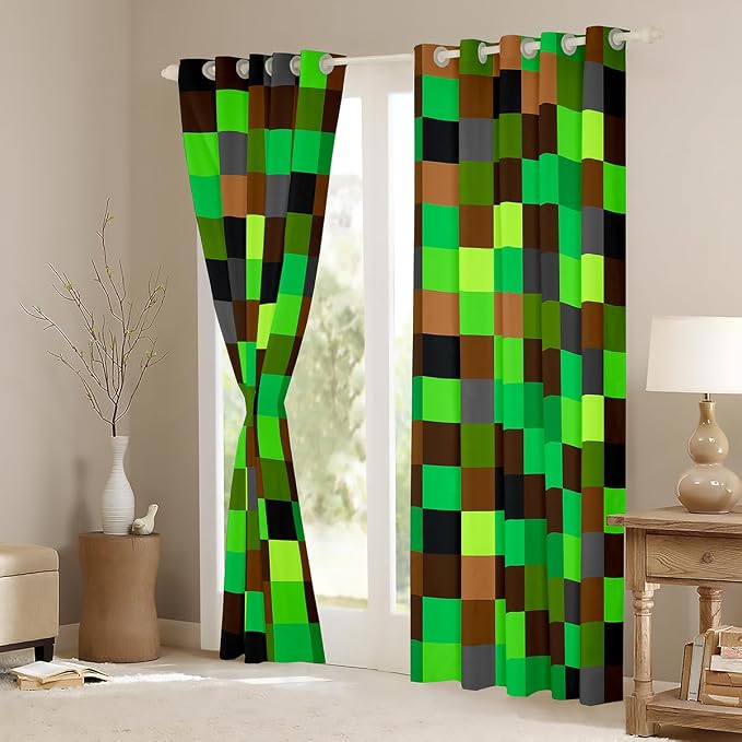 Castle Fairy Green Brown Blocks Window Curtain,Pixelated Grid Blackout Window Treatment,Kids Boys Teens Miners Gaming Bedroom Curtains Build Sandbox Theme Living Room Decor Top 2 Panels,42Wx63L