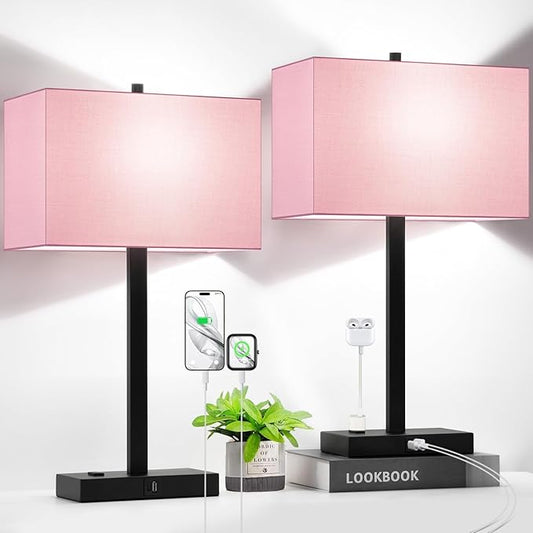 Lynnoland 21" Set of 2 Table lamp with USB A+C & AC Outlets, Touch Control 3-Way Dimmable Nightstand Lamps for Bedroom Living Room Office Reading, Pink Shade Touch Lamps, 5000K LED Bulbs Included