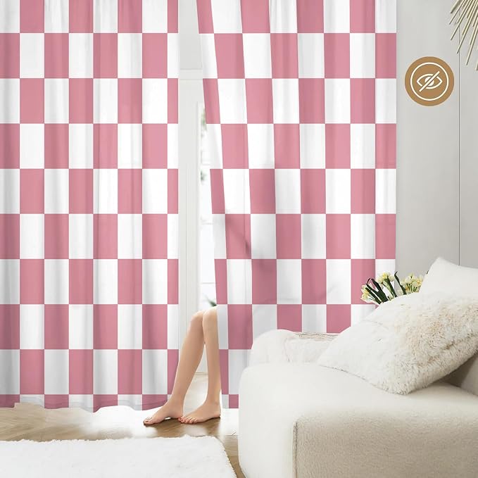 Pink Checkered Curtains for Bedroom,Rod Pocket Pink and White Semi Sheer Curtains Farmhouse Retro Checkerboard Light Filtering Drapes for Living Room,Set of 2 Window Curtain Panels,52 x 84 Inch