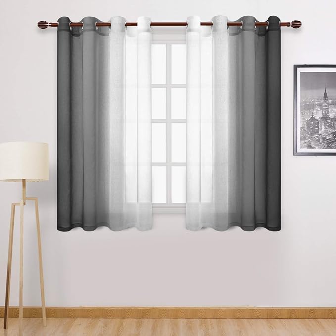 DWCN Black Ombre Short Sheer Curtains - Faux Linen Semi Voile Gradient Light-Filtering Bedroom and Living Room Curtains, Set of 2 Grommet Top Window Drape Panels, 52 x 45 Inch Length