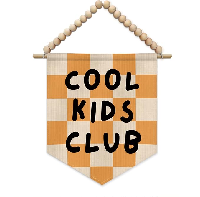 SJDFCSA Kids Playroom Wall Art Decor, Kids Room Decor, Cool Kid Club Trendy Orange Checkered Boho Wall Hanging Display Pennant Flag for Boys Girls Nursery Toddler Room Bedroom Playroom