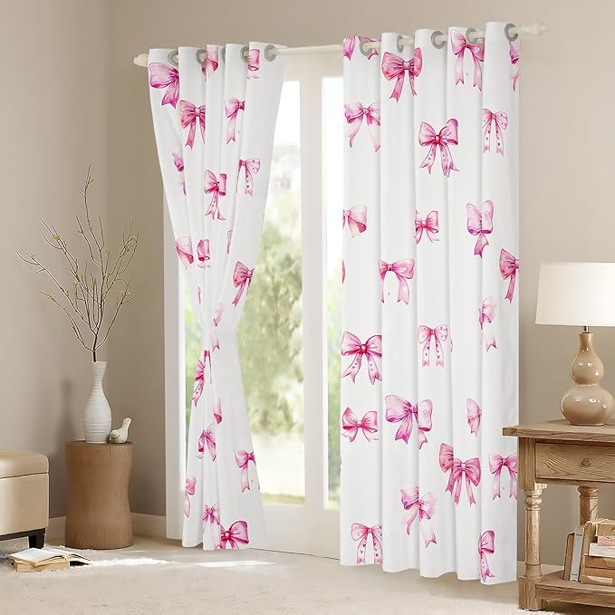Feelyou Pink Girls Bow Room Darkening Blackout Curtain Boys Girls (2 Panels, 42 x 84 Inch) Bow Curtains for Bedroom Living Room Cute Bowknot Blackout Curtains Kawaii Window Treatments