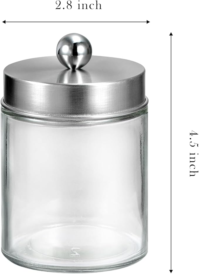 SheeChung Qtip Dispenser Holder 4pcs, Glass Apothecary Jars with Stainless Steel Lids &Stickers Farmhouse Decor Metal Wire Bathroom Storage Organizer Basket Bins - for Cabinets, Shelves