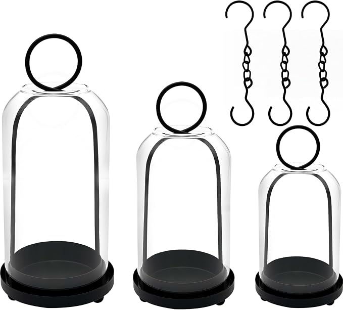3 Pack Metal Candle Holders with Glass Dome, 5.5" & 4.7" & 3.9" Wide Black Candlestick Holders Set, Versatile Hurricane Lanterns Candleholders for Pillar Candle, Decorative Glass Display Dome Stands