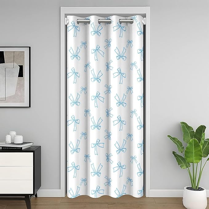 Feelyou Blue Bowknot Door Curtain for Doorway Privacy Dreamy Princess Style Closet Door Cover Curtain for Bedroom Living Room Set Watercolor Bow Room Blackout Curtain White Blue Bow 1 Panel, 52"x80"