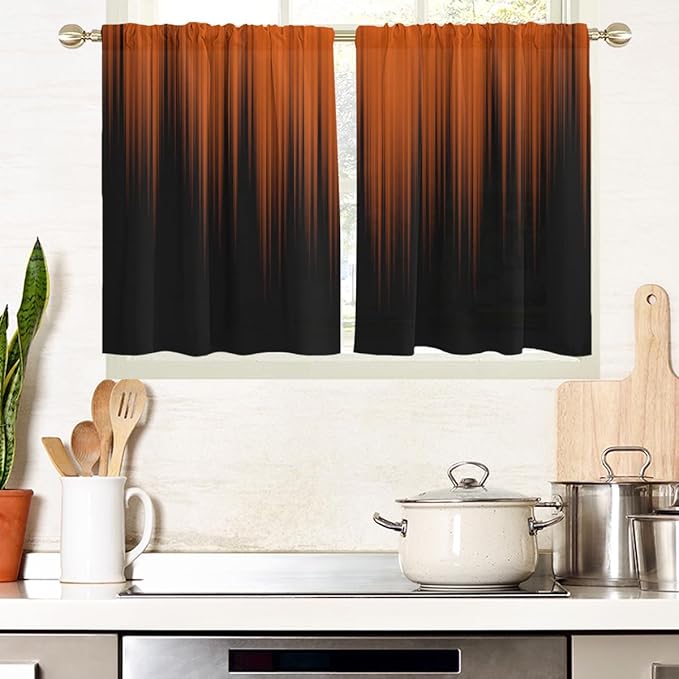AAtter Orange and Black Kitchen Curtains, Ombre 27.5" W x 36" L, 2 Panels | Terracotta Modern Rod Pocket Drapes, Dark Abstract Striped Style, Trendy Anime Design, Small Short Bathroom Window Tiers