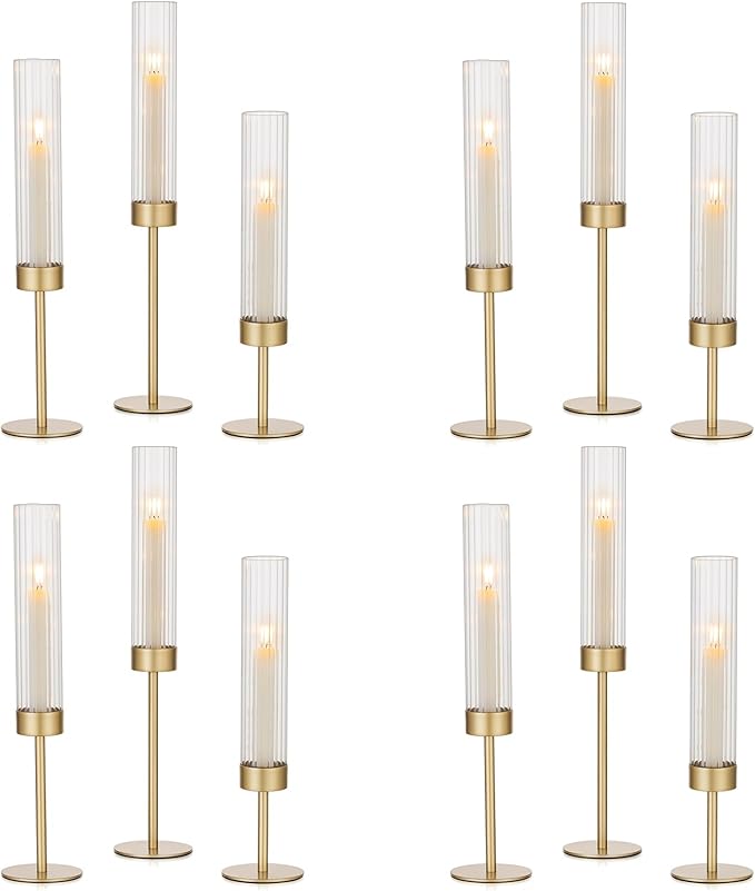 Hewory Gold Hurricane Candle Holders: 12 PCS Brass Tall Candlestick Taper Candle Holders Bulk for Candlesticks Candle Sticks Holder Decor for Table Centerpiece Wedding Party Christmas Decorations