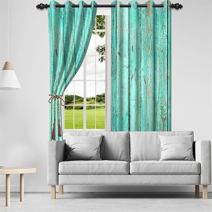 Mint Green Window Curtains Vintage Rustic Wood Plank Old Barn Door Garage Door Vertical Striped Wood Farmhouse Rural Farm Style Living Room Bedroom Drapes Treatment,26x84 inch,2 Panels