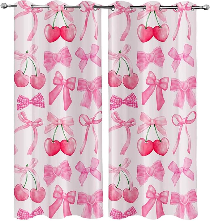 LUVIVIHOME Cute Cherry Blackout Curtains, Pink Bow Curtains for Girls Bedroom Living Room, Aesthetic Bowknot Girly Preppy Coquette Room Decor, Grommet Window Drapes 2 Panel Sets, 42x84 Inch