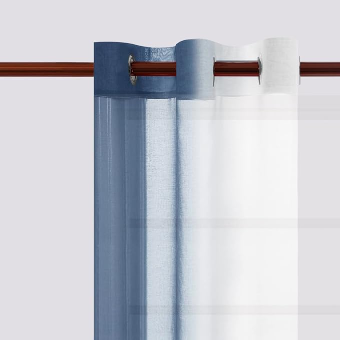 DWCN Blue Faux Linen Ombre Sheer Curtains - Gradient Semi Voile Curtains for Bedroom and Living Room, Set of 2 Grommet Top Window Curtain Panels, 42 x 63 Inches Long, Denim Blue