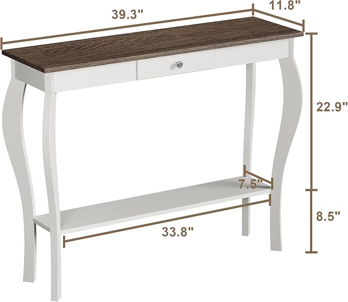ChooChoo Narrow Farmhouse Console Table with Drawer, Chic Accent Sofa Entryway Table with Shelves for Entryway, Living Room, Hallway, Soft White