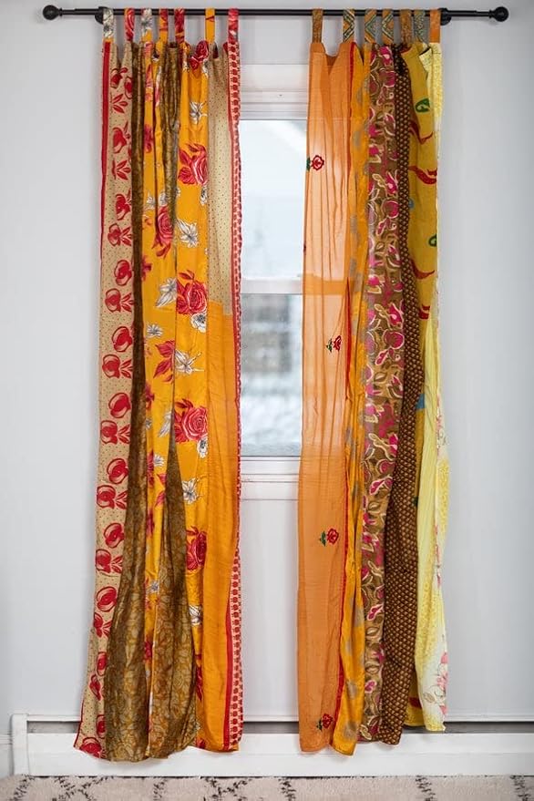 Assorted Hippie Colorful Curtains Light-Filtering – Boho Curtains, Bed Canopy Panel, Tapestry or Window Treatment Patchwork Yellow Color (84 X 43 Inches)