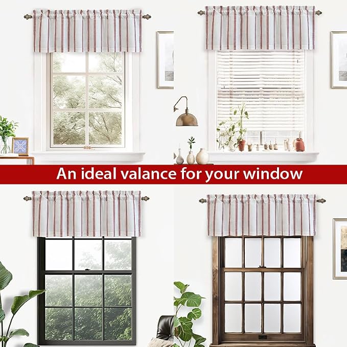 DriftAway Farmhouse Linen Lined Valance Double Layer Thermal Insulated Room Darkening Blackout Window Valances 3 Inch Rod Pocket Vertical Striped Kitchen Valance for Bathroom Single 52 x 14 Inch Red
