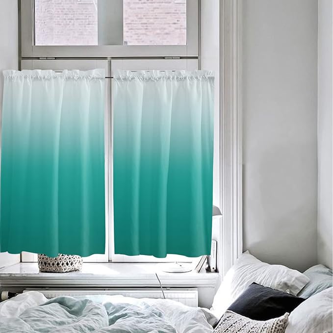 45 Inch Long Tier Curtains for Kitchen, Cyan Turquoise Gradient Bathroom Window Curtains Rod Pocket Short Curtains Window Treatment Tiers for Living Room Farmhouse 2 Panels