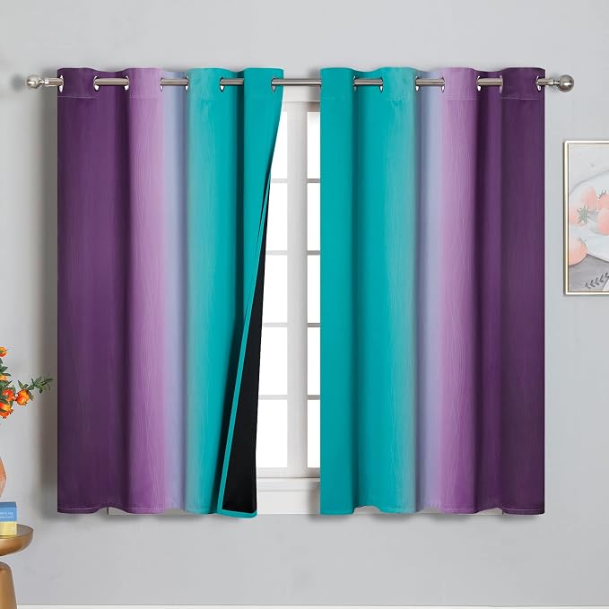 Estelar Textiler Ombre Teal and Purple Blackout Curtains 2 Panels, Grommet Thermal Insulated Gradient Drapes for Kids Room Bedroom, 52x45 Inch