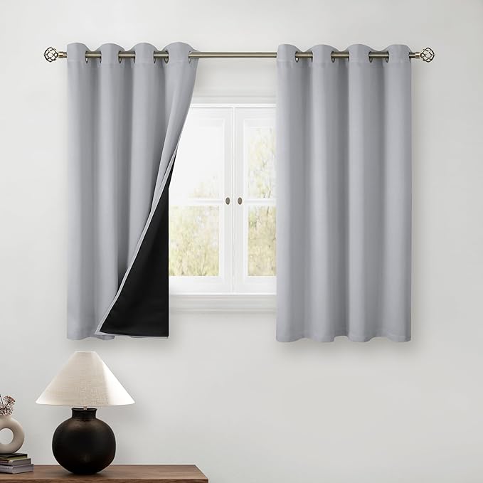 BGment Short 100% Blackout Curtains for Bedroom, Thermal Insulated Energy Efficiency Noise Reducing Grommet Curtains 45 Inch Length with Liner for Small Window 2 Panels Each 52 Inch Wide, Light Grey