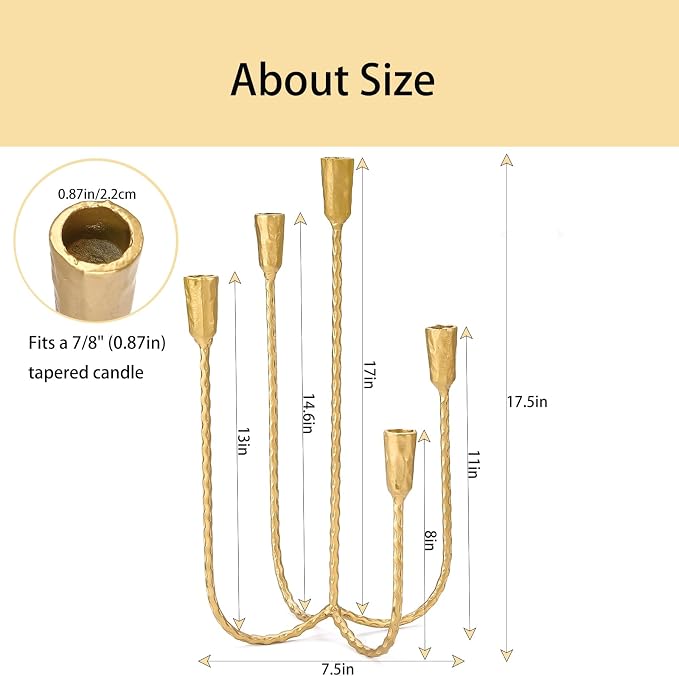 17.5 Inch 5-Arm Candle Cast Iron Metal Candelabra Candlestick Holders | Tall Antique Brass Taper Candle Holder, Vintage Farmhouse Centerpiece for Wedding, Fireplace Mantel & Dining Room Table Decor