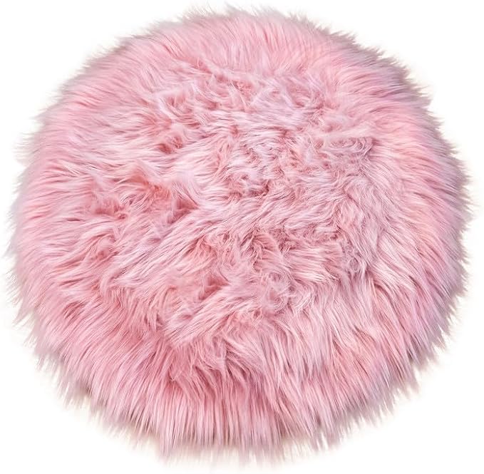 15.7 Inches Mini Pink Round Faux Fur Sheepskin Area Rug, Fluffy Small Circle Rugs Cushion for Chair, Furry Carpet for Nail Desk, Shaggy Circular Rug Plush Rug