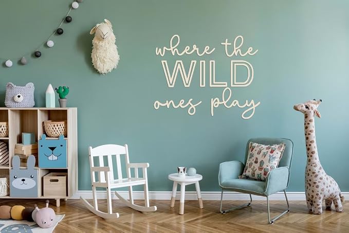 Playroom Wall Decor, 40“ XXL Where The Wild Ones Play Nursery Sign Wooden Wall Art Decoration for Kids Toddler Room Decor Boys and Girls Home Bedroom Word Sign (Wood - Natual Color)