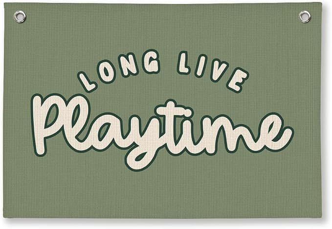 Playroom Decor for Boy, Long Live Playtime Wall Hanging Linen Banner, Blue Striped Wall Flag for Kids Room Nursery Playroom Decor, 20x30 Inch-Green
