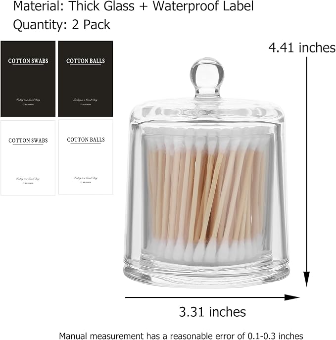 rejomiik Qtip Holder Thick Glass Apothecary Jars with Lid for Bathroom Accessories Vanity Organizers and Makeup Storage for Cotton Ball, Swabs, Makeup Sponges, Candy, Jewelry, Clear