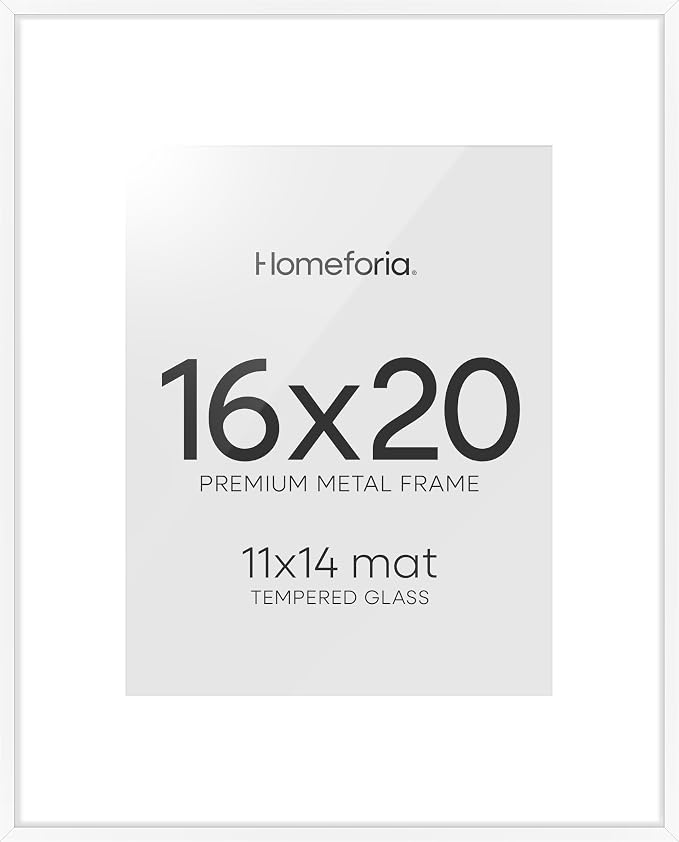 Homeforia 16 x 20 Picture Frame White, High End Metal 11x14 Matted for 16x20 Frame, 16 x 20 White Poster Frame with Mat 11 x 14 inch Photo, 20x16 Thin Hanging Frame, Tempered Glass, Wall Kit, Set of 2