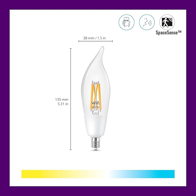 WiZ Connectd Clear 40W BA11 Tunable White Filament LED Smart Bulb - Pack of 6 - E12 - Indoor - Connects to Wi-Fi - Control with Voice or App - Matter Compatible