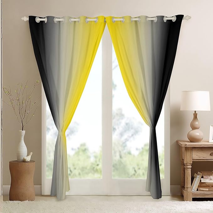 jejeloiu Yellow Darkening Drapes (2 Panels, 42 x 84 Inch) Ombre Black Curtains for Bedroom Living Room for Kids Decor Gradient Style Blackout Curtains Abstract Window Treatments