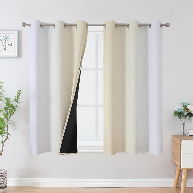 Estelar Textiler Beige and Greyish White Ombre Blackout Curtains 45 Inch Length 2 Panels, Full Room Darkening Gradient Drapes for Bedroom, Thermal Insulated Grommet Short Curtains for Bathroom,42Wx45L