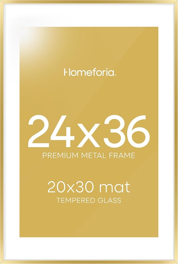 Homeforia 24x36 Gold Picture Frame, High End Metal 24 x 36 Large Poster Frames with Mat 20 by 30 inch Photo, 24x36 Gold Frame Matted to 20x30 for Print, 36x24 Frame, Tempered Glass, Wall Kit, Set of 2