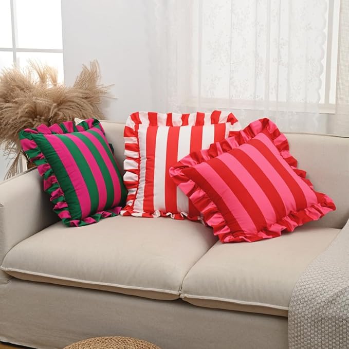 vctops Ruffle Square Throw Pillow Covers Boho Pink and Red Striped Decorative Pillowcases Set of 2, Soft Velvet Accent Cushion Cover Cases for Sofa Bed Living Room Decor (Pink,18"x18")