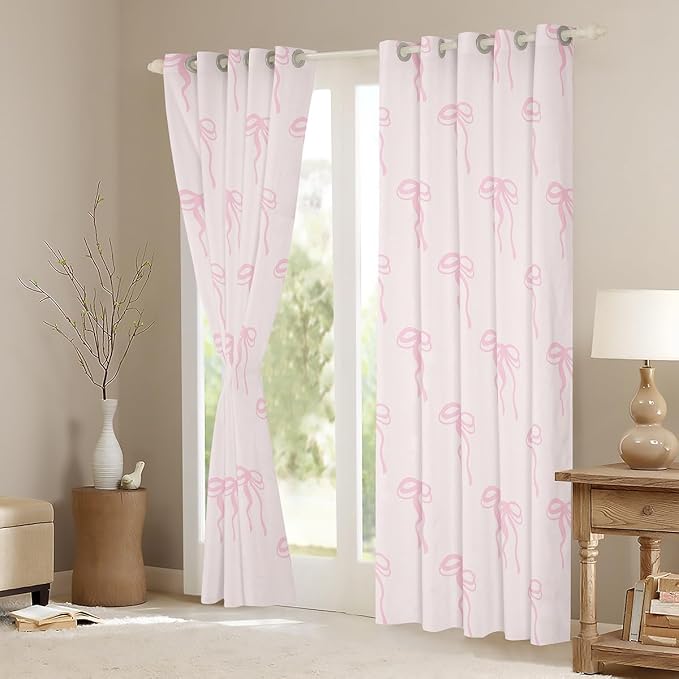 Erosebridal Bow Kids Window Treatments 42" Wx90 L,Pink Bow Girls Window Curtain Cute Kawaii Bowknot Curtain Ribbon Bow Print 30%-50% Blackout Curtains for Bedroom