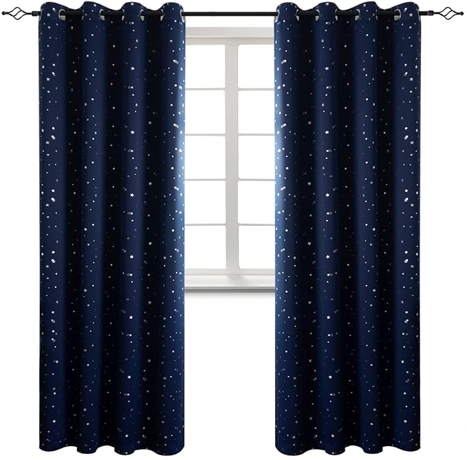 BGment Navy Star Blackout Curtains for Kid's Bedroom - Grommet Thermal Insulated Room Darkening Printed Curtains for Living Room, Set of 2 Panels (46 x 90 Inch, Dark Blue)
