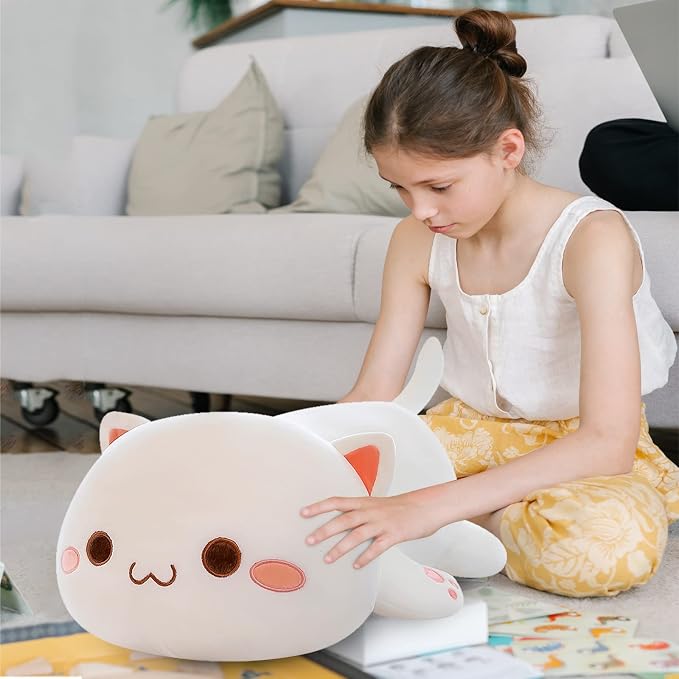 FUYU Cat Stuffed Animals, Soft Cat Plush Pillow Kawaii Kitten Stuffed Animal Toy Gifts for Kids Boys Girls Room Decor (White Round Eyes,19in/50cm)