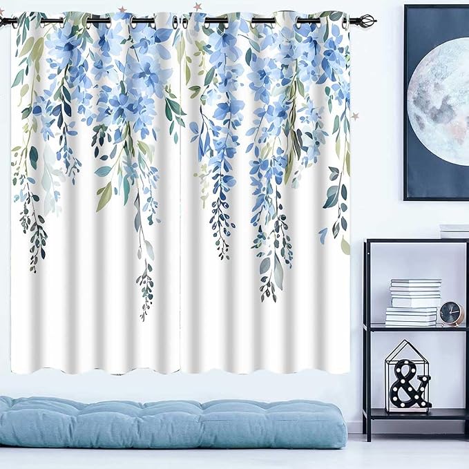 Blue Watercolor Floral Curtains, 42x63 inch, 2 Panels | Botanical Leaves Vine Flowers, Rustic Farmhouse Style, Blackout Window Treatment, For Bedroom Living Room