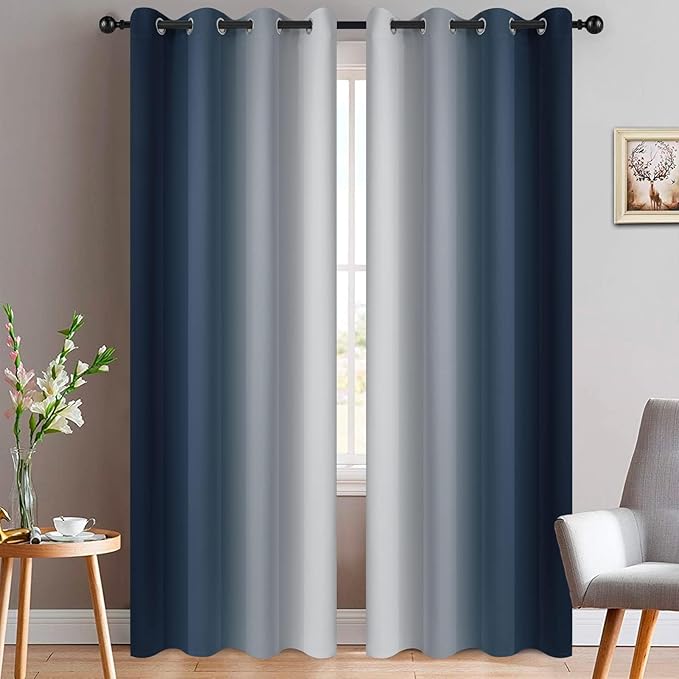 Yakamok Ombre Curtains Navy Blue and Greyish White for Living Room,52Wx90L | Room Darkening Curtains 90,Thermal Insulated Gradient Color Drape,Light Blocking Grommet Window Curtains for Bedroom,2 Panels