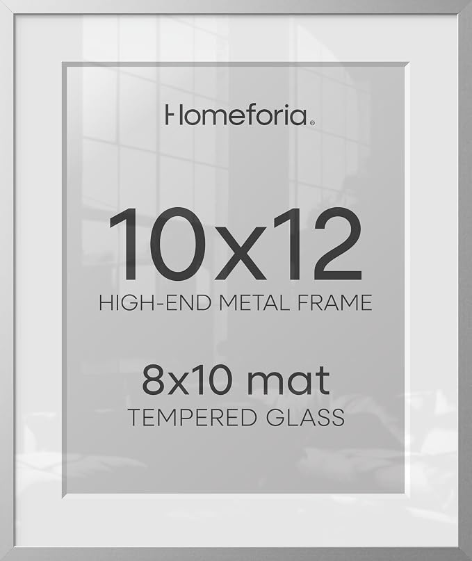 Homeforia 10x12 Picture Frame Silver, High End Metal 10x12 Frames with Mat 8x10, 10 x 12 Silver Poster Frame Matted to 8 x 10 inch Photo, 10by12 Thin Hanging Frames, Tempered Glass, Wall Kit, Set of 1