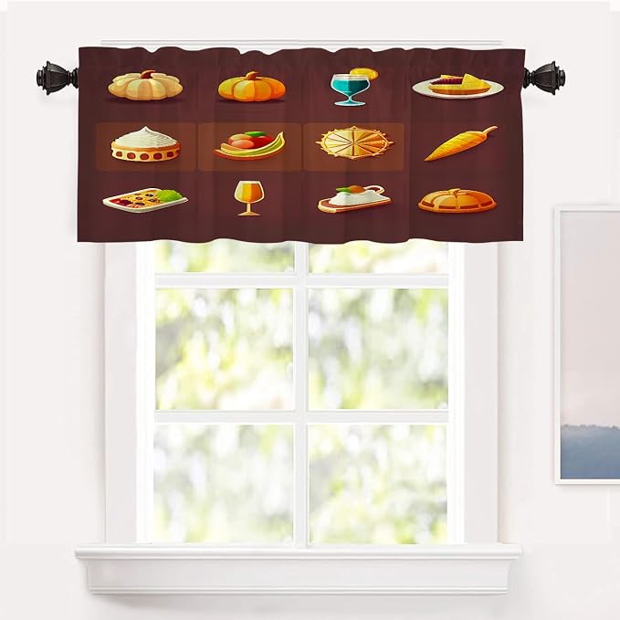 Shrahala Happy Thanksgiving Day Blackout Short Curtains for Windows, Pumpkin Turkey Bird Leaves Kitchen Valance Thermal Insulated Rod Pocket Window Treatment for Bathroom 52 X 18 in