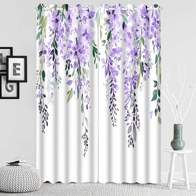 Purple Watercolor Floral Blackout Curtains 42x84 Inch 2 Panels | Botanical Leaves Vine Flowers, Rustic Farmhouse, Blackout Window Treatment, For Bedroom Living Room