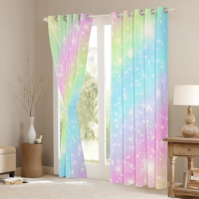 Erosebridal Rainbow Window Curtains for Kids Girls Teens Tie Dye Pastel Curtains 52" Wx96 L Golden Glitter Girly Sweet Window Treatments Curtains Abstract Watercolor Art Window Drapes 2 Panel Set