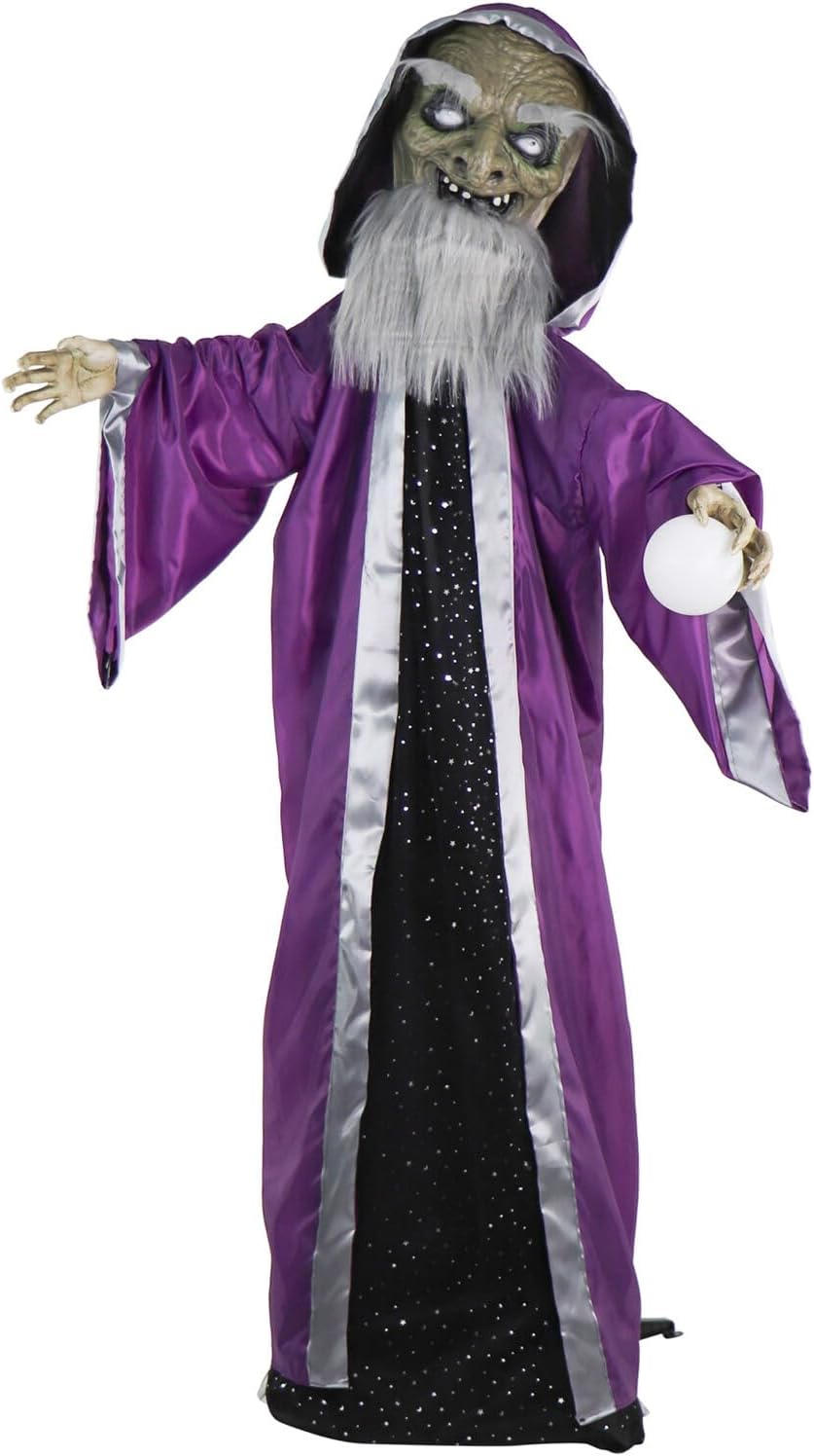 Haunted Hill Farm Talking Wizard Halloween Animatronic with Movement and Light-Up Crystal Ball for Scary Indoor or Covered Outdoor Halloween Decorations, Battery Operated Halloween Prop