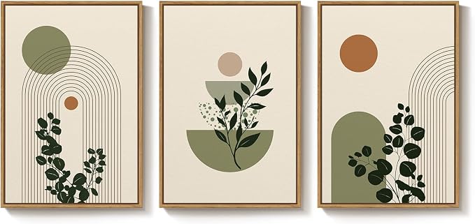 3 Piece Large Framed Abstract Boho Wall Art for Living Room, Minimalist Green Beige Canvas Artwork for Walls, Botanical Sage Green Plant Prints Paintings for Bedroom Dining Room 20x30 Inch