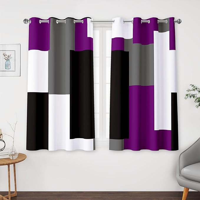 Tyrot Purple 100% Blackout Curtains for Bedroom 45 inch Length 2 Panels Set Grey Modern Abstract Geometric Black Out Curtains Insulated Room Darkening Window Drapes for Living Room, 52Wx45L