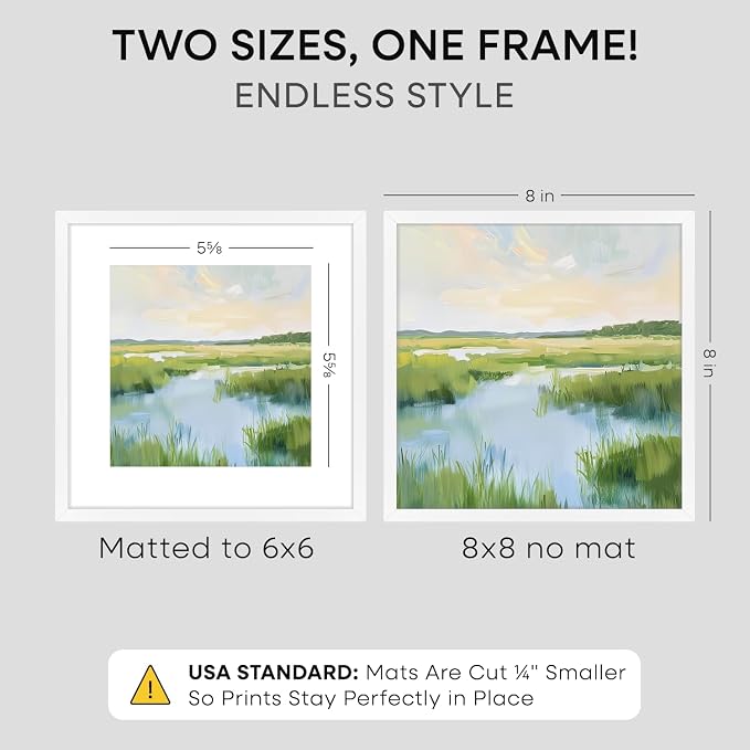 Homeforia 8x8 White Picture Frame, High End Metal 8 x 8 Square Photo Frames with Mat 6 by 6, 8x8 Poster Frame Matted to 6x6 inch Print, 8by8 Wall or Tabletop Frames, Tempered Glass, Wall Kit, Set of 2