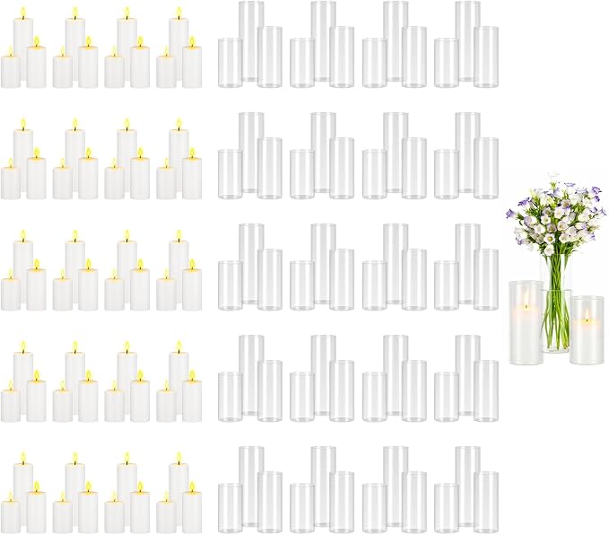 VEVOR Pillar Candles and Glass Vases Set 120 Pcs, Clear Cylinder Hurricane Candle Holders for Wedding Centerpieces, Tall Vase for Table Decor, Wedding Party,Thanksgiving,White (2.56" x 4.7",5.9",7.9")
