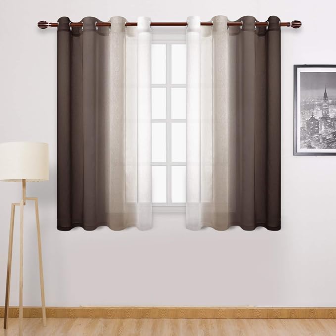 DWCN Ombre Short Sheer Curtains - Faux Linen Semi Voile Gradient Light-Filtering Bedroom and Living Room Curtains, Set of 2 Grommet Top Window Drape Panels, 52 x 45 Inch Length, Chocolate Brown