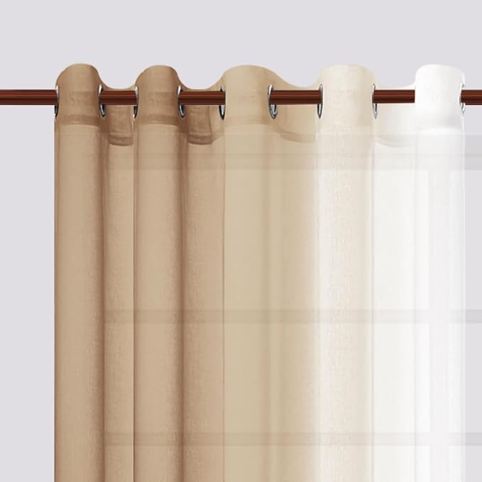 DWCN Ombre Faux Linen Sheer Curtains - Extra Wide Gradient Semi Voile Light Filtering Grommet Top Bedroom and Living Room Curtains, 60 x 63 Inches Long, Set of 2 Window Curtain Panels, Taupe